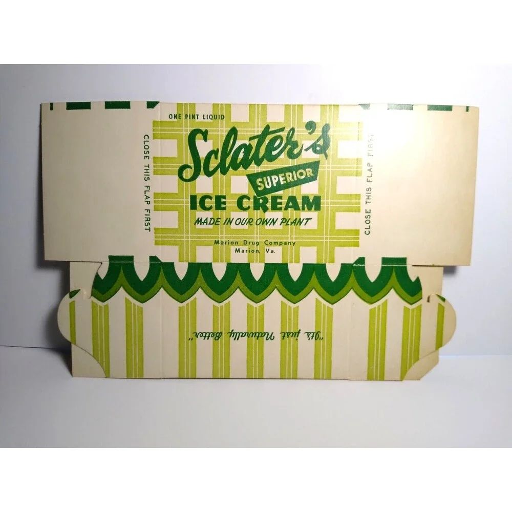 Sclater's Superior Ice Cream Vintage NOS Wax Pint Cardboard Container Marion VA